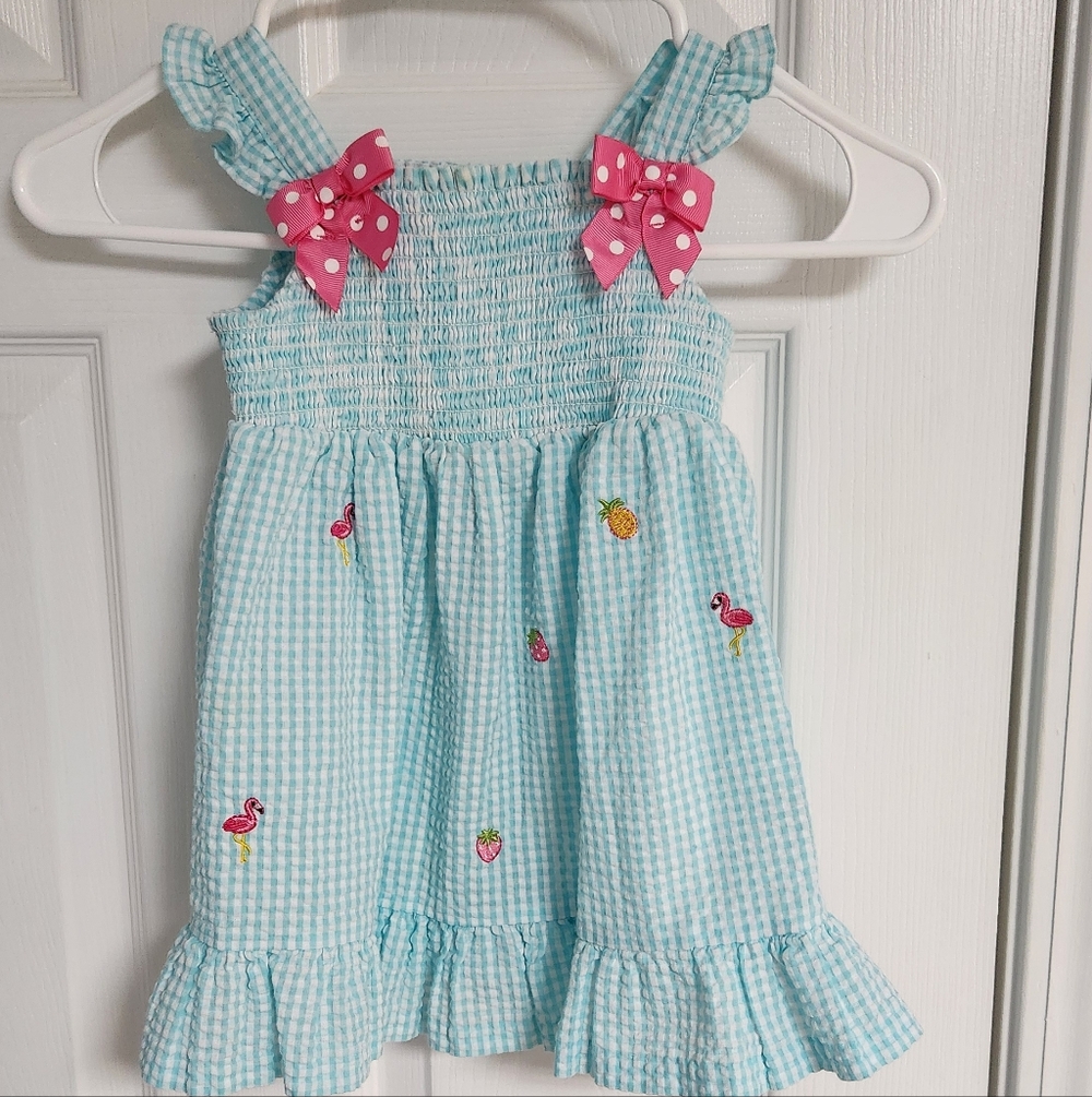 Rare Editions Blue Gingham Dress with Pink Bows